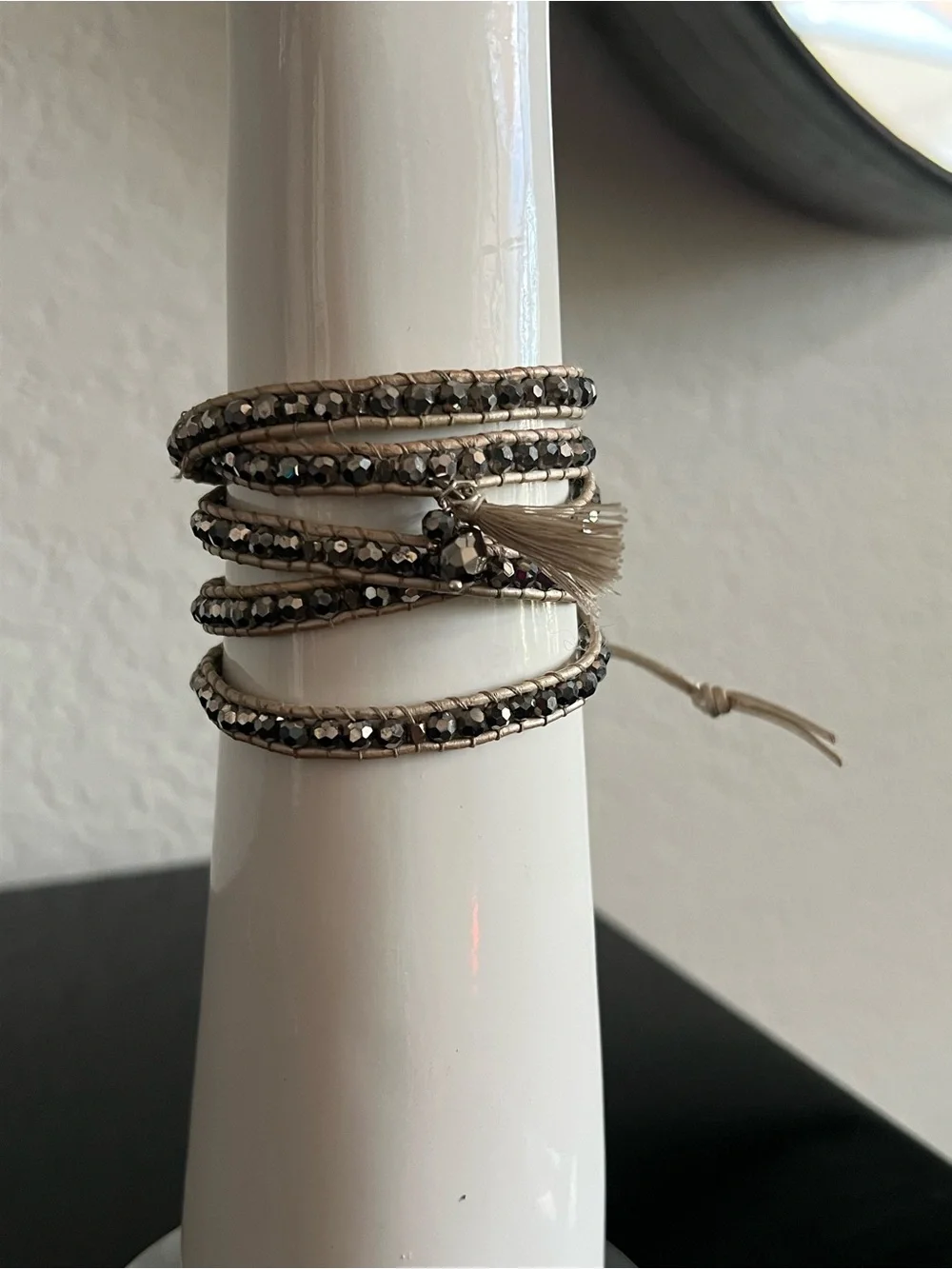 Nakamol Taupe Wrap Bracelet with Hematite Beads